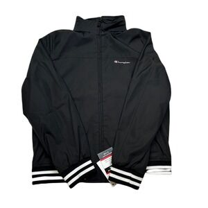Champion Bomber Jacket Mens Small Black Full Zip Windbreaker Striped Cuffs‎ NEW